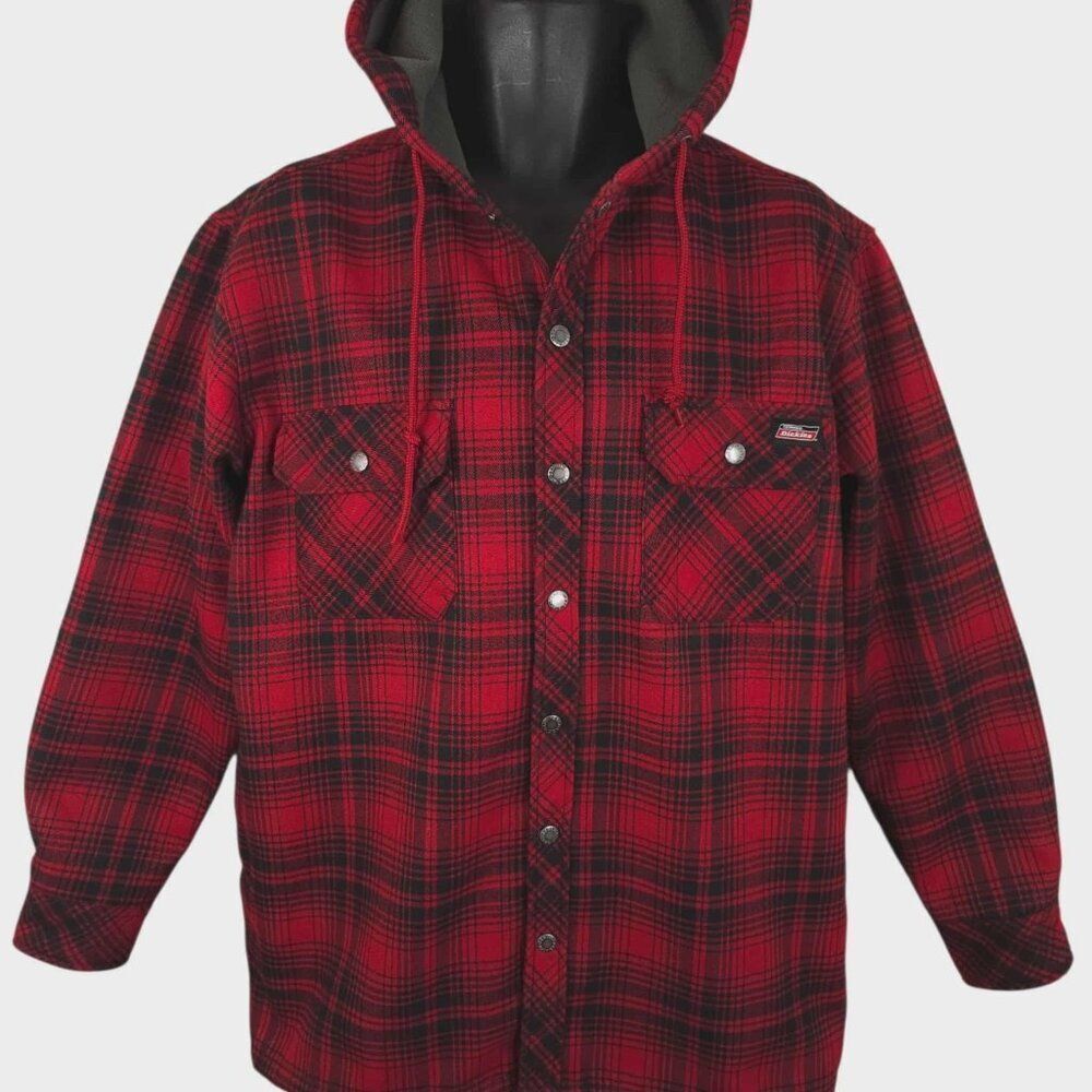 Dickies Jacket Men’s Size M Red Plaid Fleece Lined Flannel Hooded Button Up